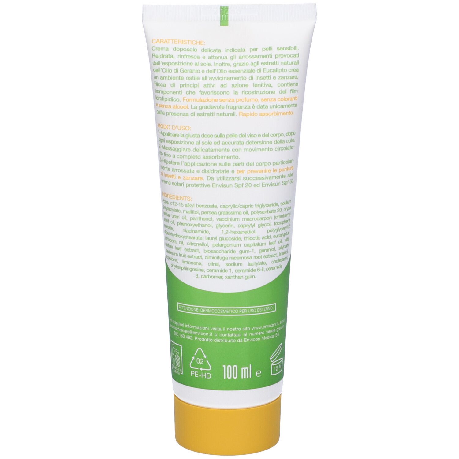 Retro del tubo. Testo in italiano. Etichetta verde e gialla. Tappo giallo. 100 ml.
