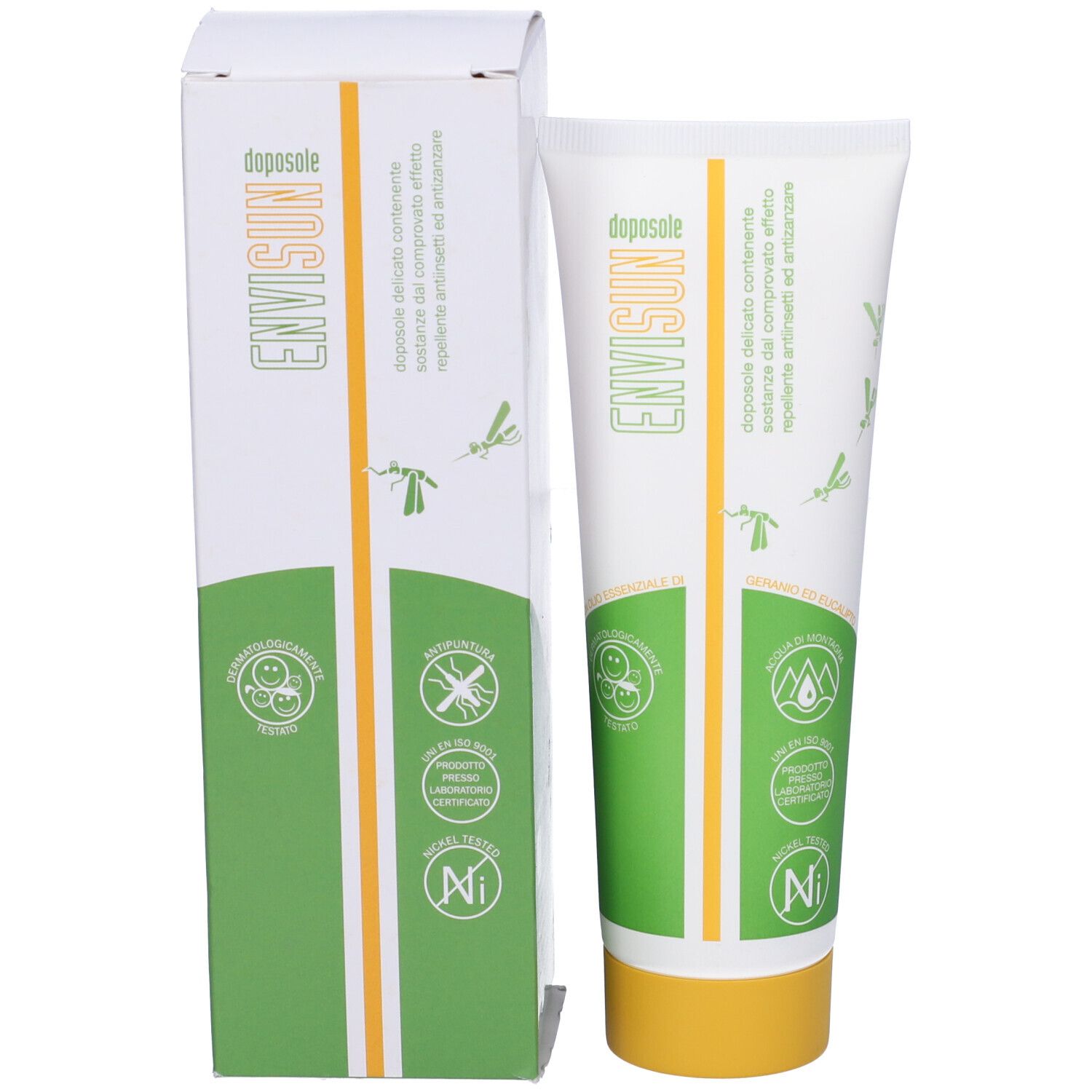 Confezione del prodotto con tubo. Scatola bianca con design verde e giallo. Nome del prodotto: Envisun.