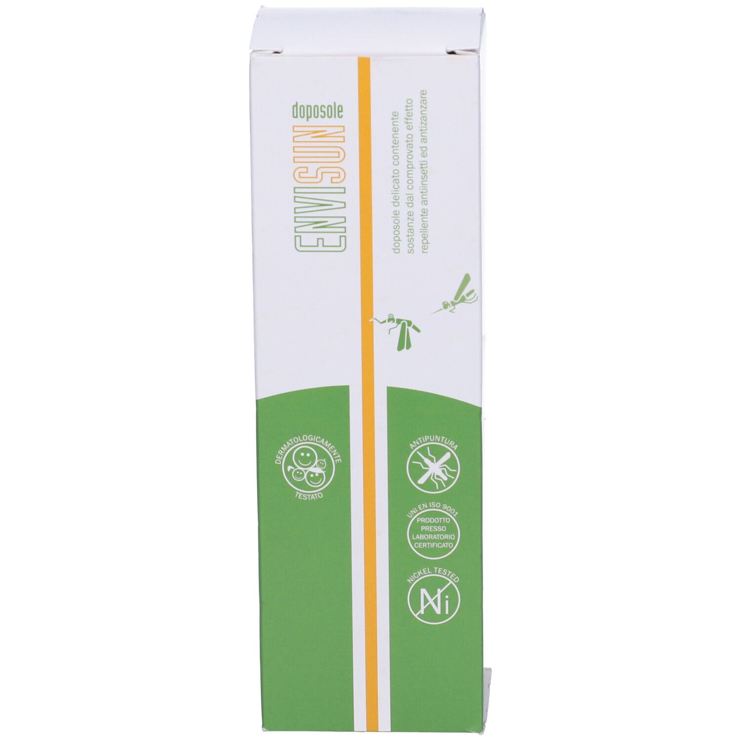 Scatola bianca con design verde e giallo. Nome del prodotto: Envisun. Loghi e testo.