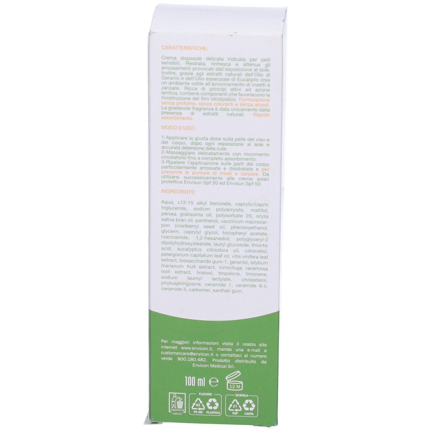 Retro della scatola. Testo in italiano. 100 ml. Informazioni sull'applicazione.