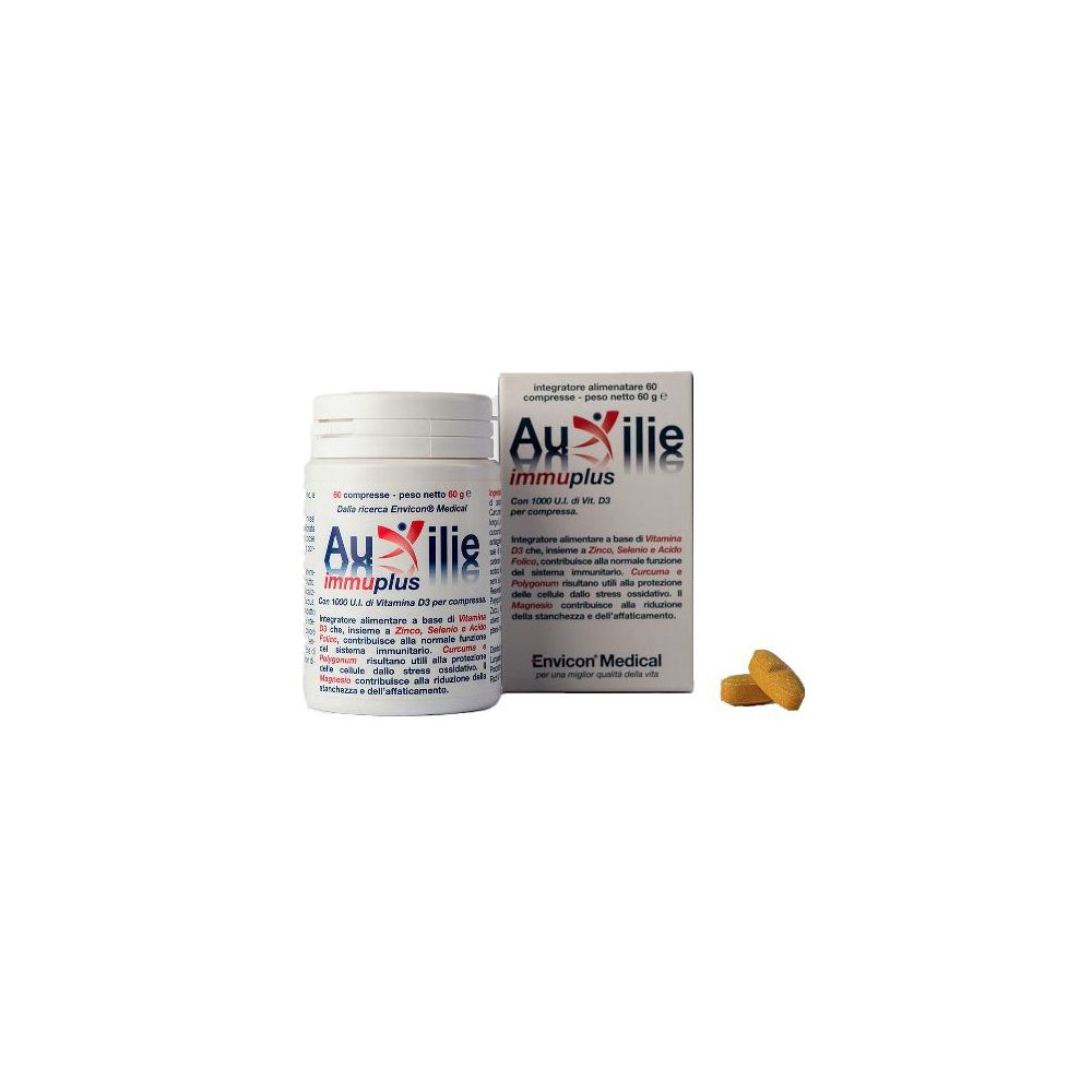 Flacone bianco e scatola con Auxilie immuplus. Due compresse gialle accanto. Envicon Medical.