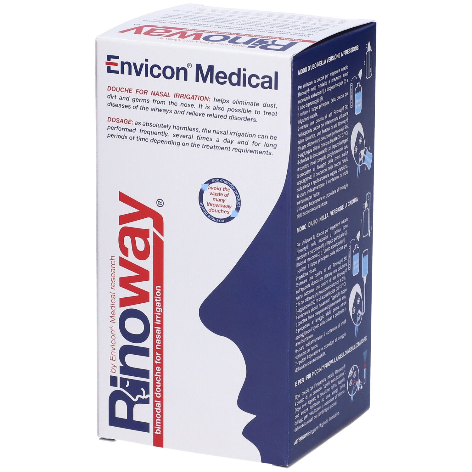 Rinoway Doccia Per Irrigazione Nasale Verpackung. Weiß-blaue Schachtel mit Produktnamen und medizinischen Informationen.