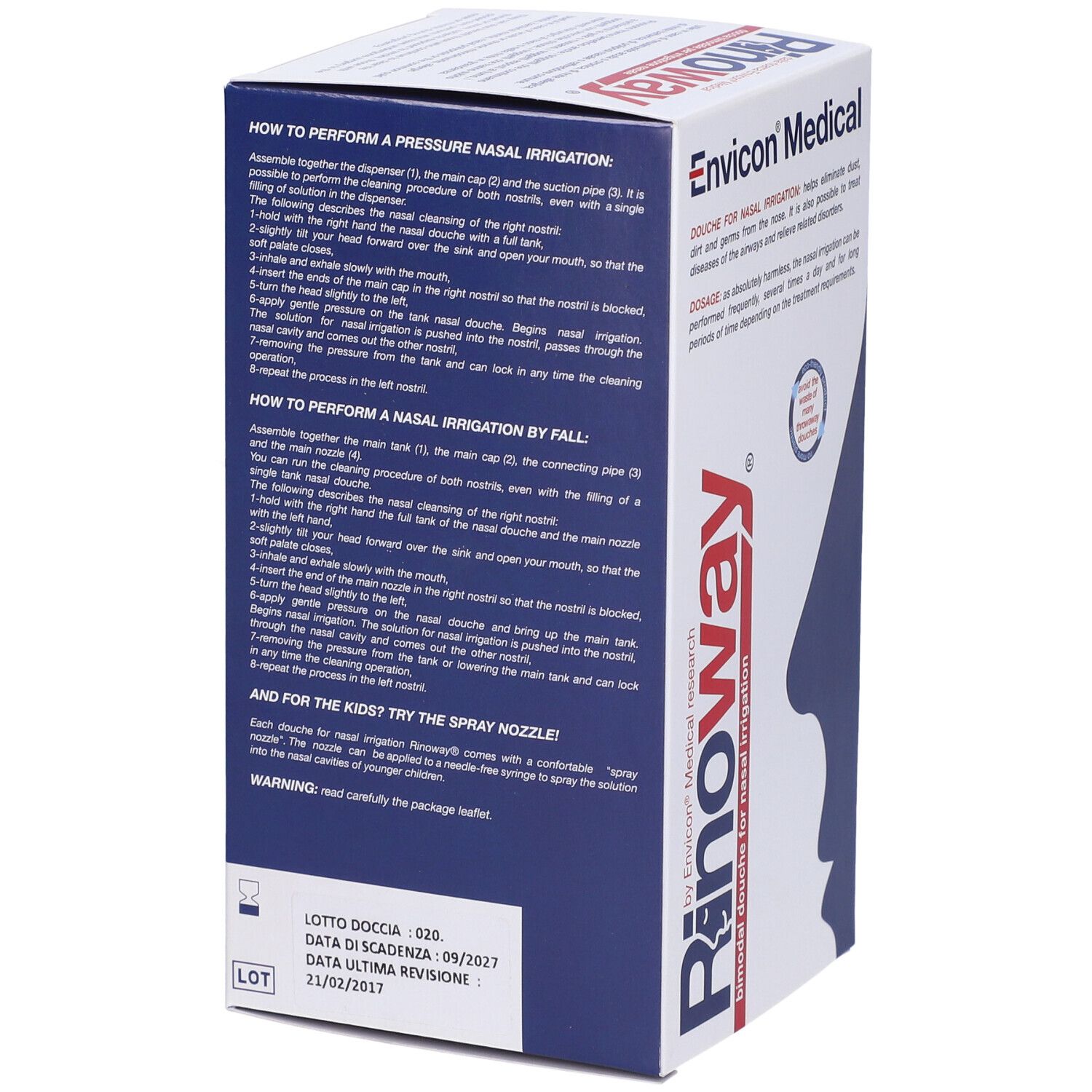 Seite der Rinoway Doccia Per Irrigazione Nasale Verpackung. Anweisungen zur Anwendung in italienischer Sprache.