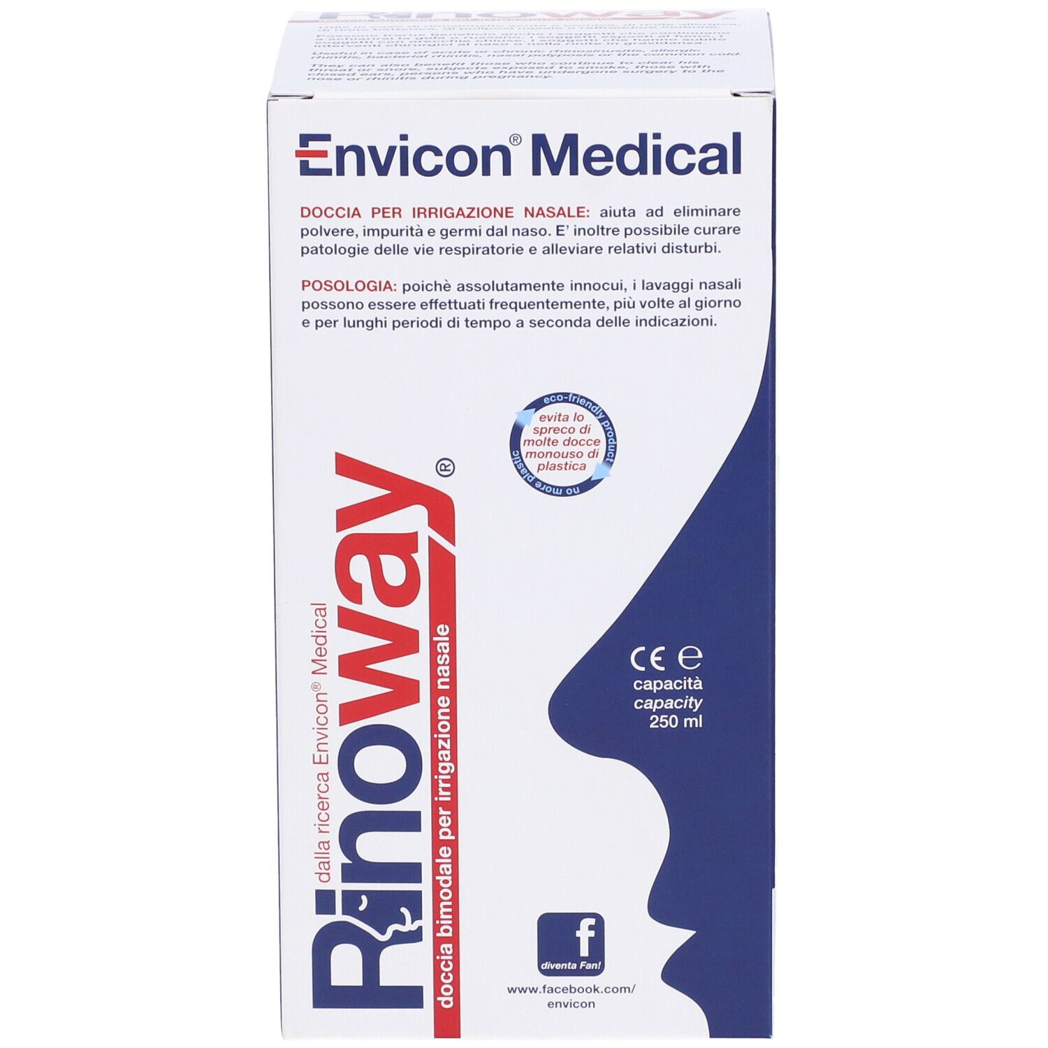 Verpackung von Rinoway Doccia Per Irrigazione Nasale. Weiß-blaue Schachtel mit Produktnamen und medizinischen Informationen.
