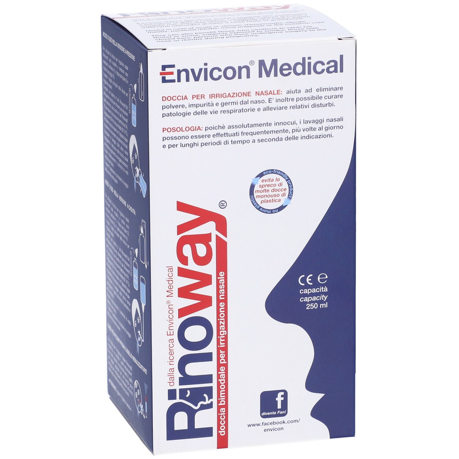 Verpackung von Rinoway Doccia Per Irrigazione Nasale. Weiß-blaue Schachtel mit Produktnamen und medizinischen Informationen.