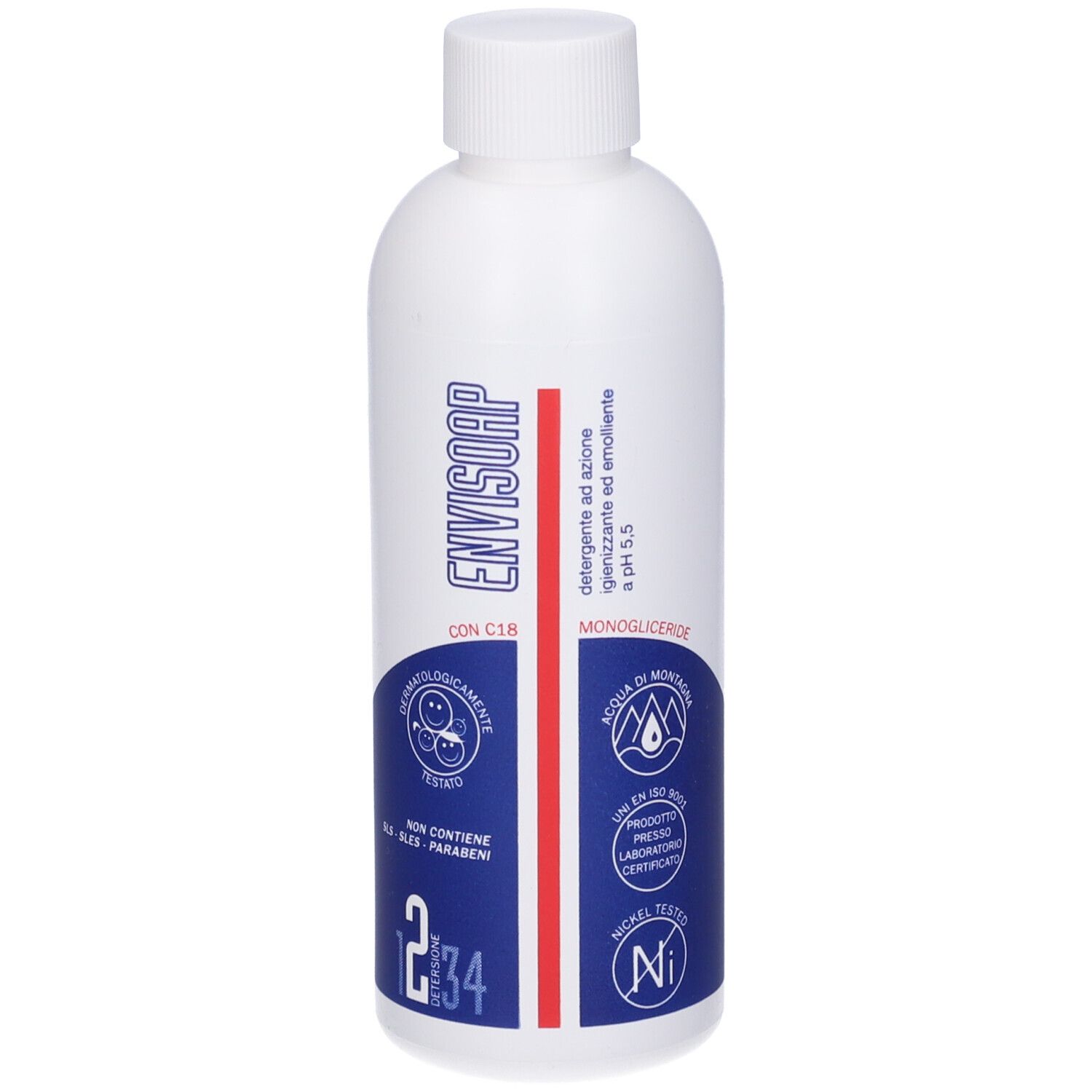 Flacone bianco con etichetta blu. Scritta: Envisoap, pH 5,5. Dermatologicamente testato. Testato al nichel.