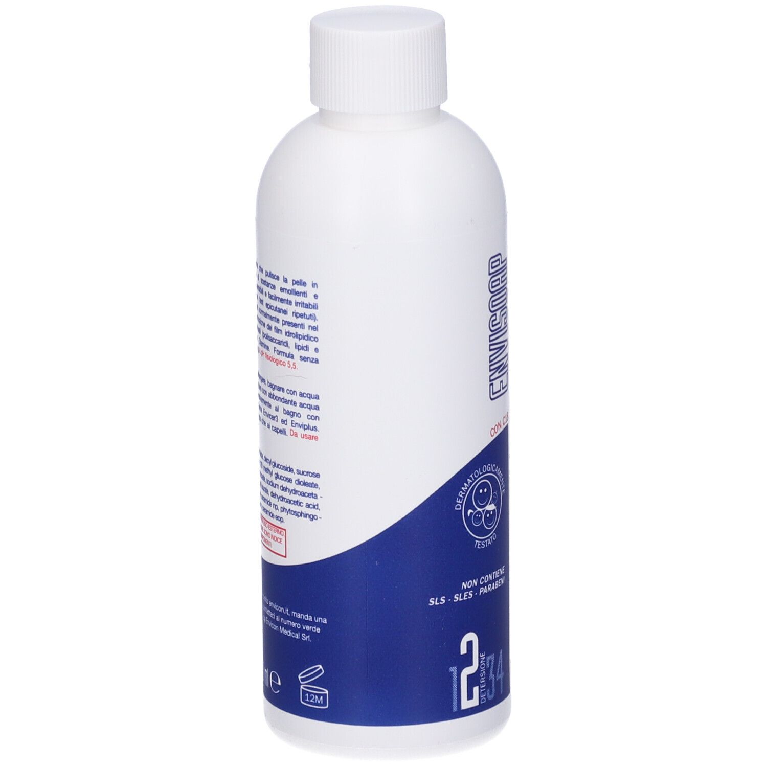 Retro di un flacone bianco con etichetta blu. Testo in italiano. Dermatologicamente testato. Testato al nichel.