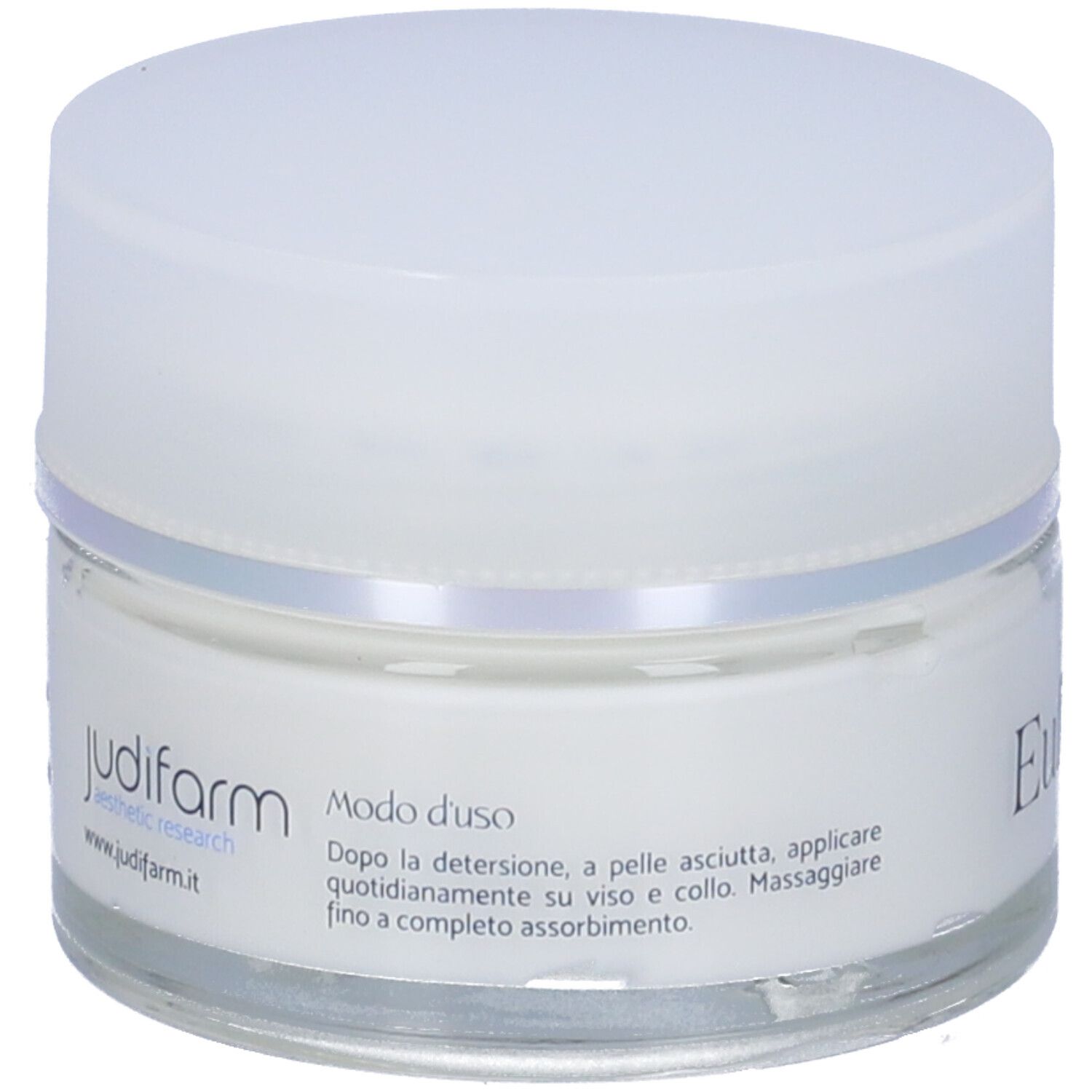 Vasetto di crema con coperchio bianco. Scritta: Judifarm, Eufiller crema. Modo d'uso.