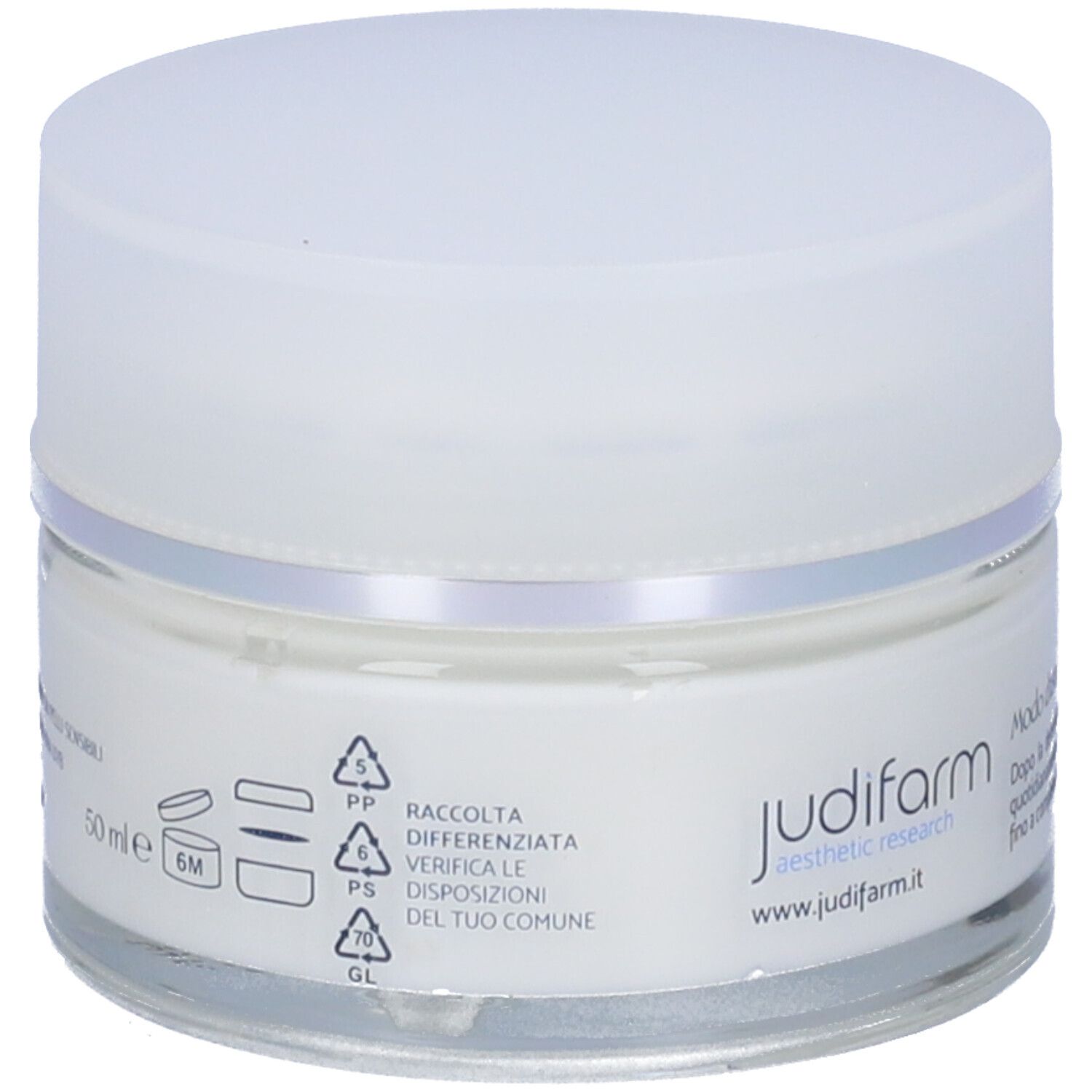 Vasetto di crema con coperchio bianco. Scritta: Judifarm, Eufiller crema. Simboli di riciclaggio.