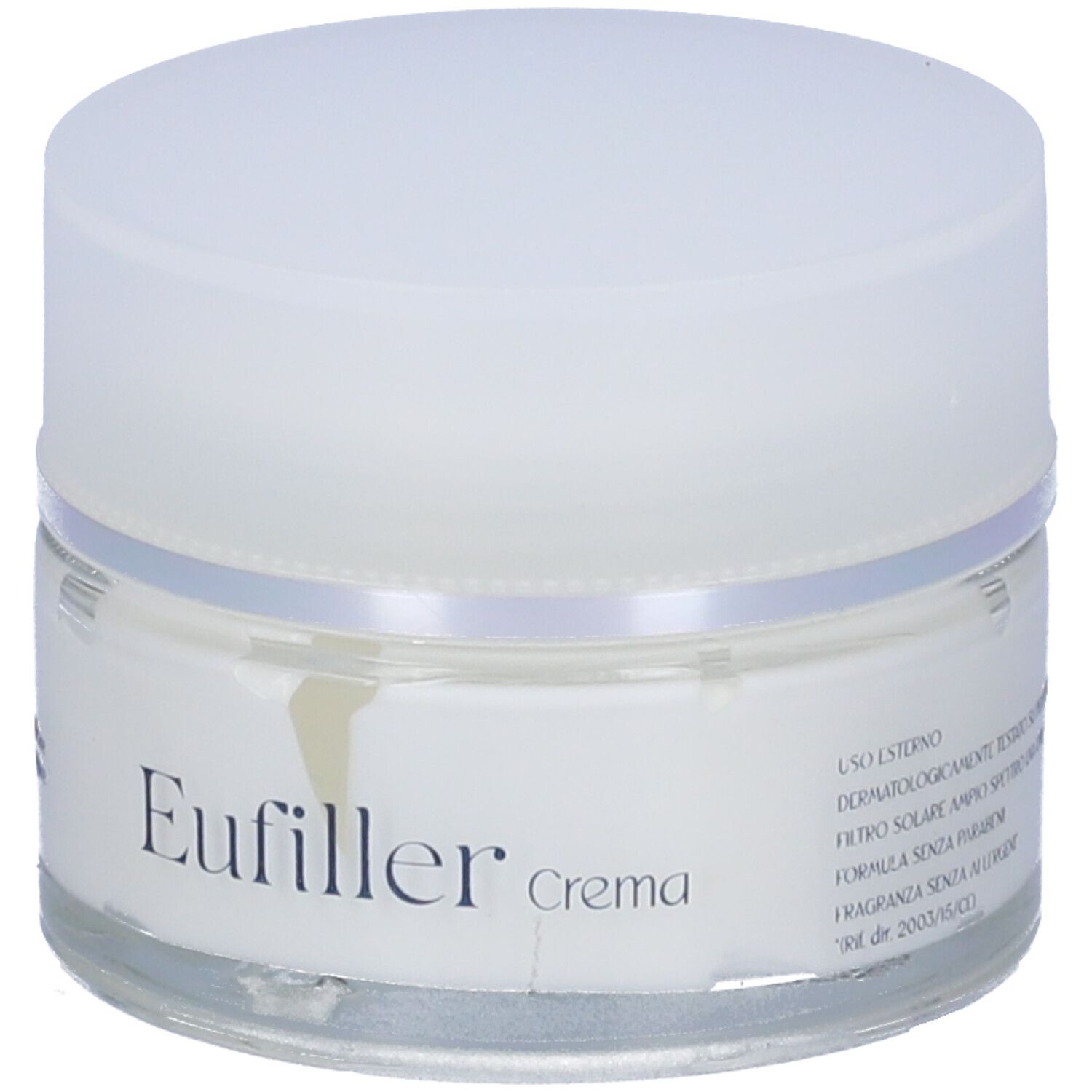 Vasetto di crema con coperchio bianco. Scritta: Eufiller crema. Testo: Uso esterno, dermatologicamente testato.