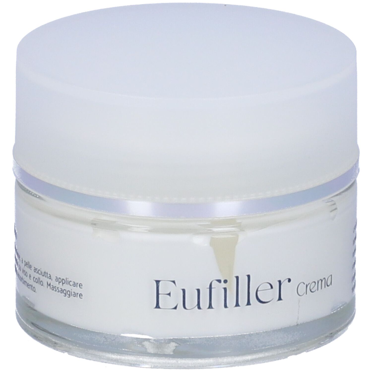 Vasetto di crema con coperchio bianco. Scritta: Eufiller crema. Testo: Modo d'uso.