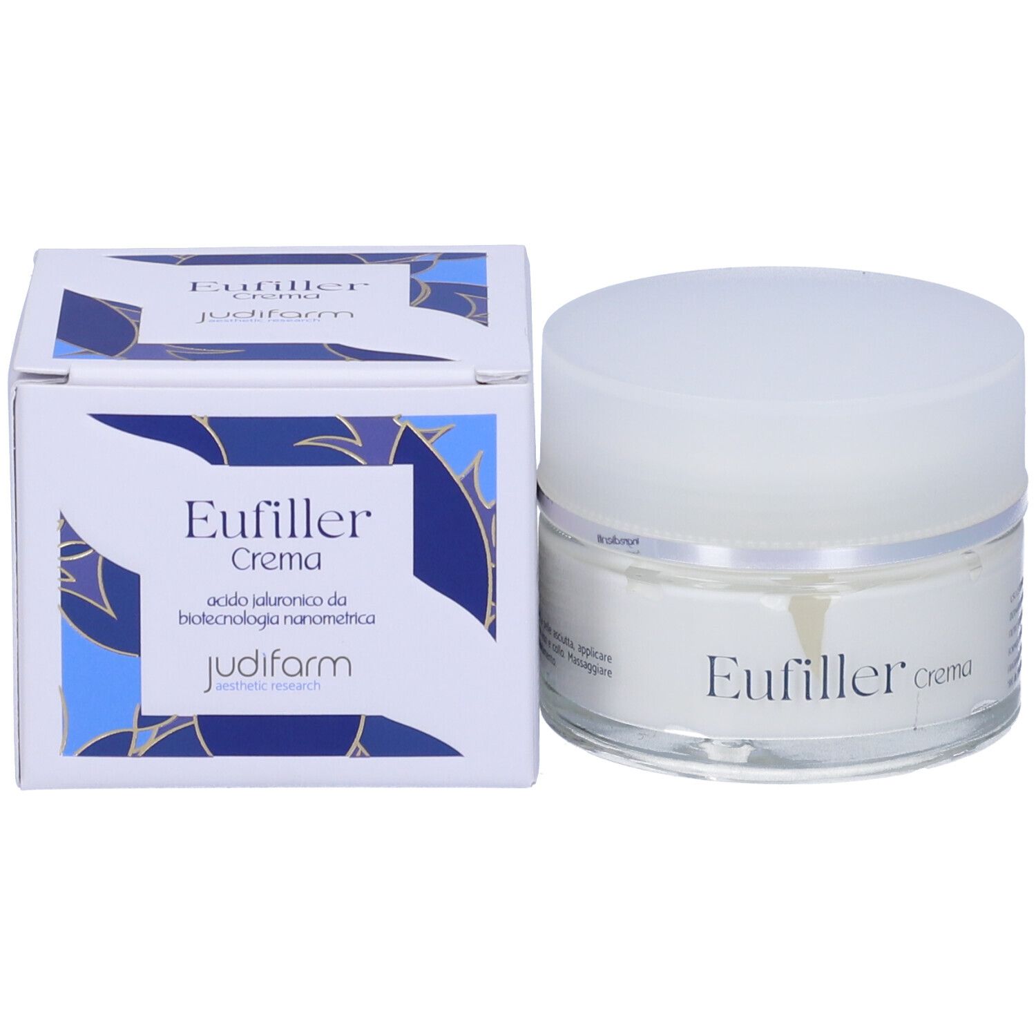 Vasetto di crema e scatola. Scritta: Eufiller Crema, Judifarm. Scatola blu e bianca.