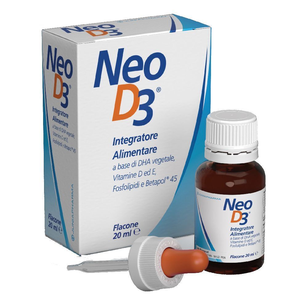 Complément Neo D3. Flacon et boîte. Flacon avec compte-gouttes. Inscription : Integratore Alimentare, 20 ml.