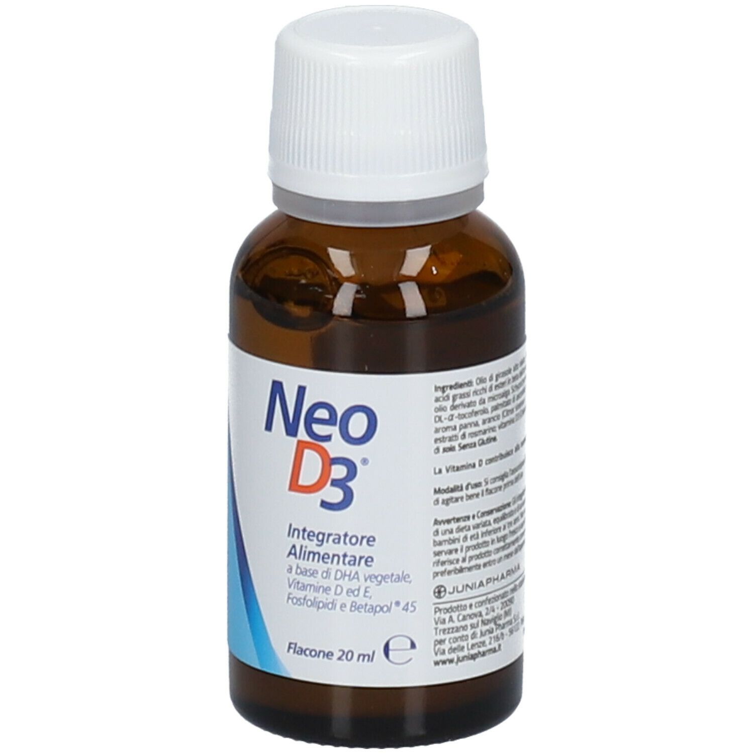 Flacon en verre brun avec bouchon blanc. Inscription : Neo D3, Integratore Alimentare, 20 ml. Étiquette avec ingrédients.