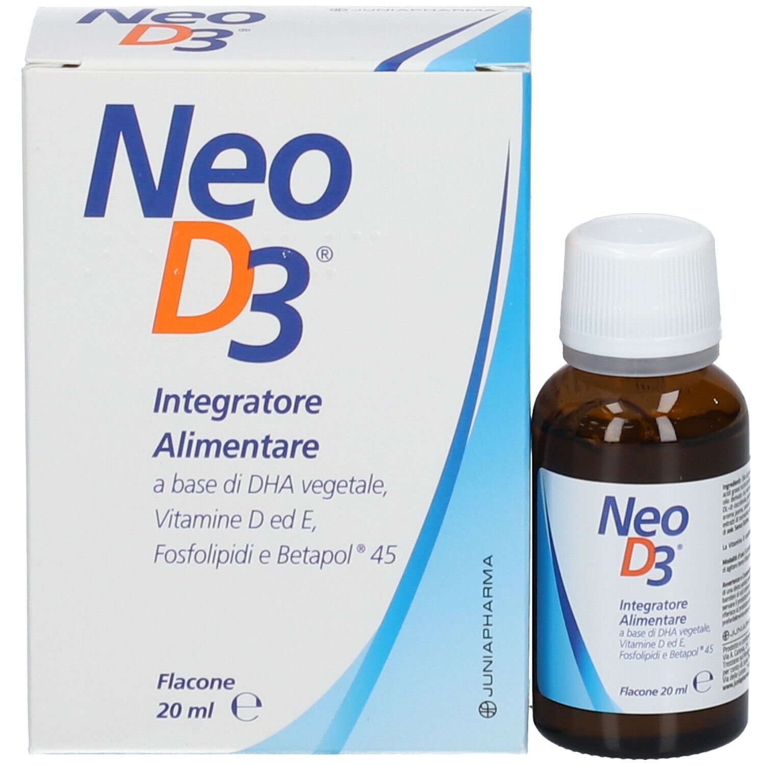 Complément Neo D3. Flacon et boîte. Inscription : Integratore Alimentare, 20 ml. Graphique bleu et orange.