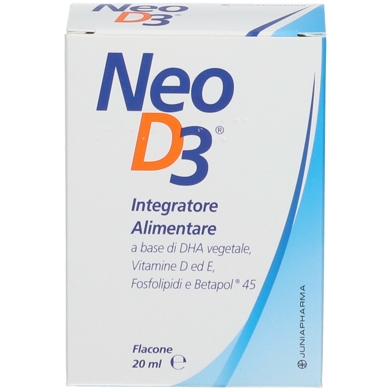 Complément Neo D3. Boîte. Inscription : Integratore Alimentare, 20 ml. Graphique bleu et orange.