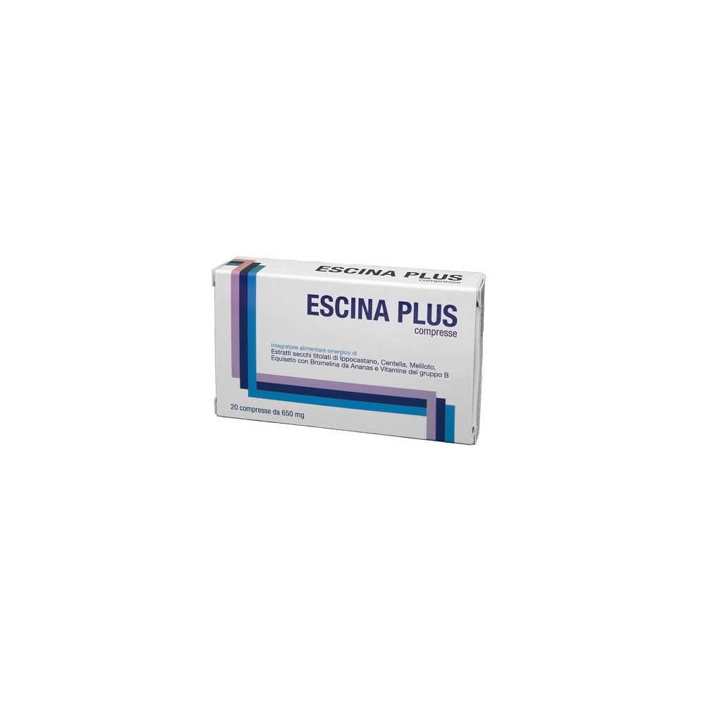 Scatola di compresse "Escina Plus". Bianca, con strisce blu, viola e rosa. Testo in italiano.