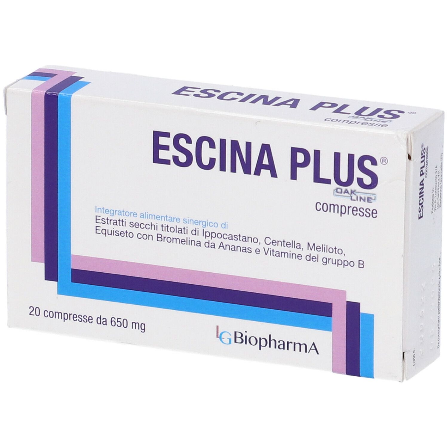 Scatola di compresse "Escina Plus". Bianca, con strisce blu, viola e rosa. Testo in italiano. 20 compresse.