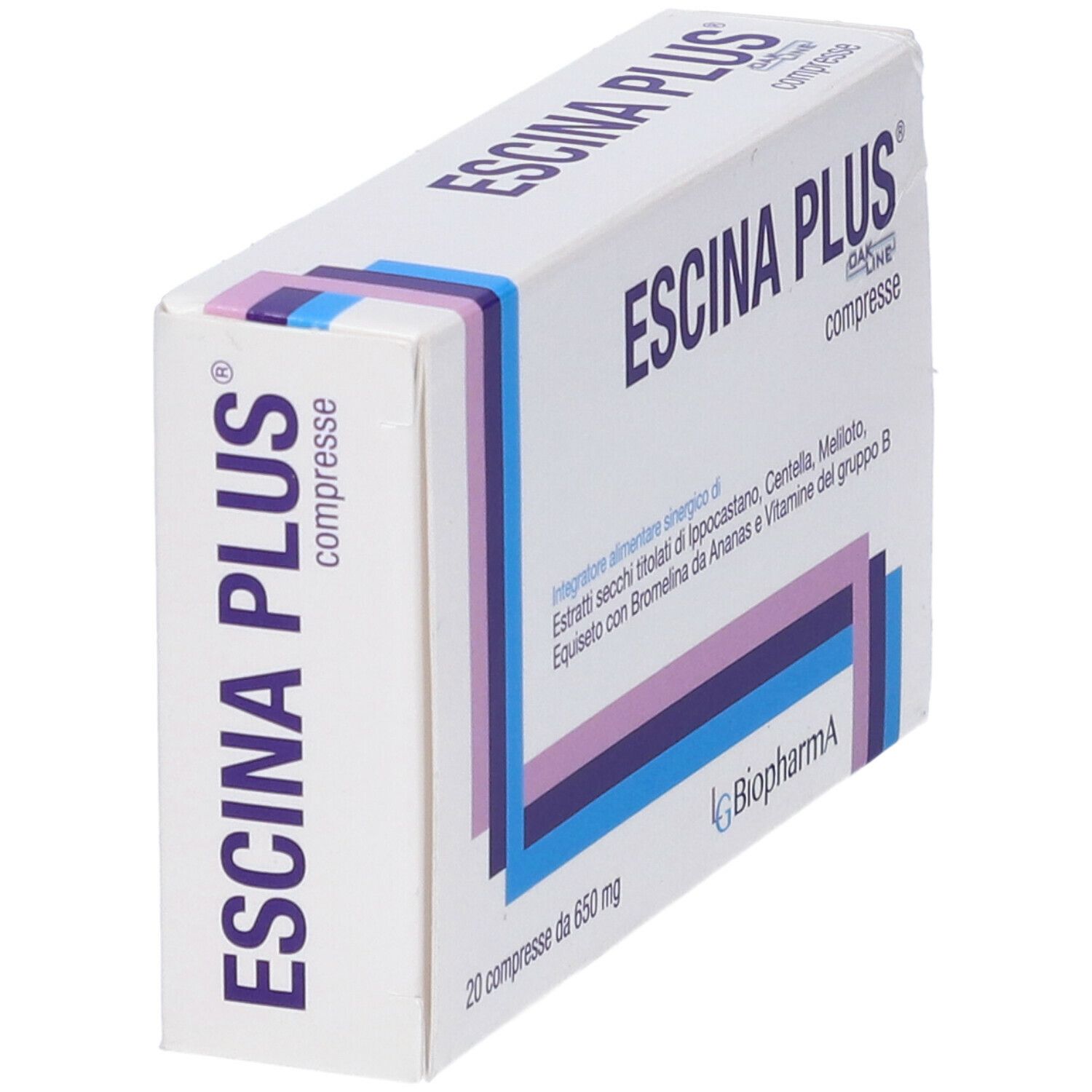 Scatola di compresse "Escina Plus". Bianca, con strisce blu, viola e rosa. Testo in italiano. 20 compresse.