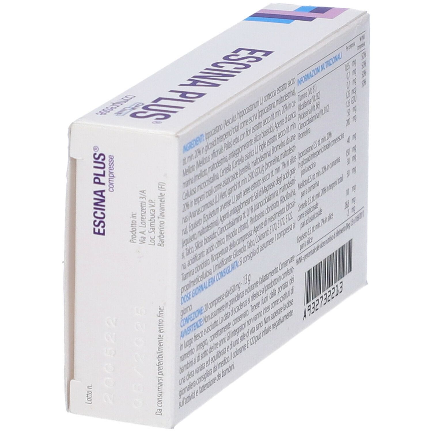 Scatola di compresse "Escina Plus". Bianca, con strisce blu, viola e rosa. Testo in italiano. 20 compresse.