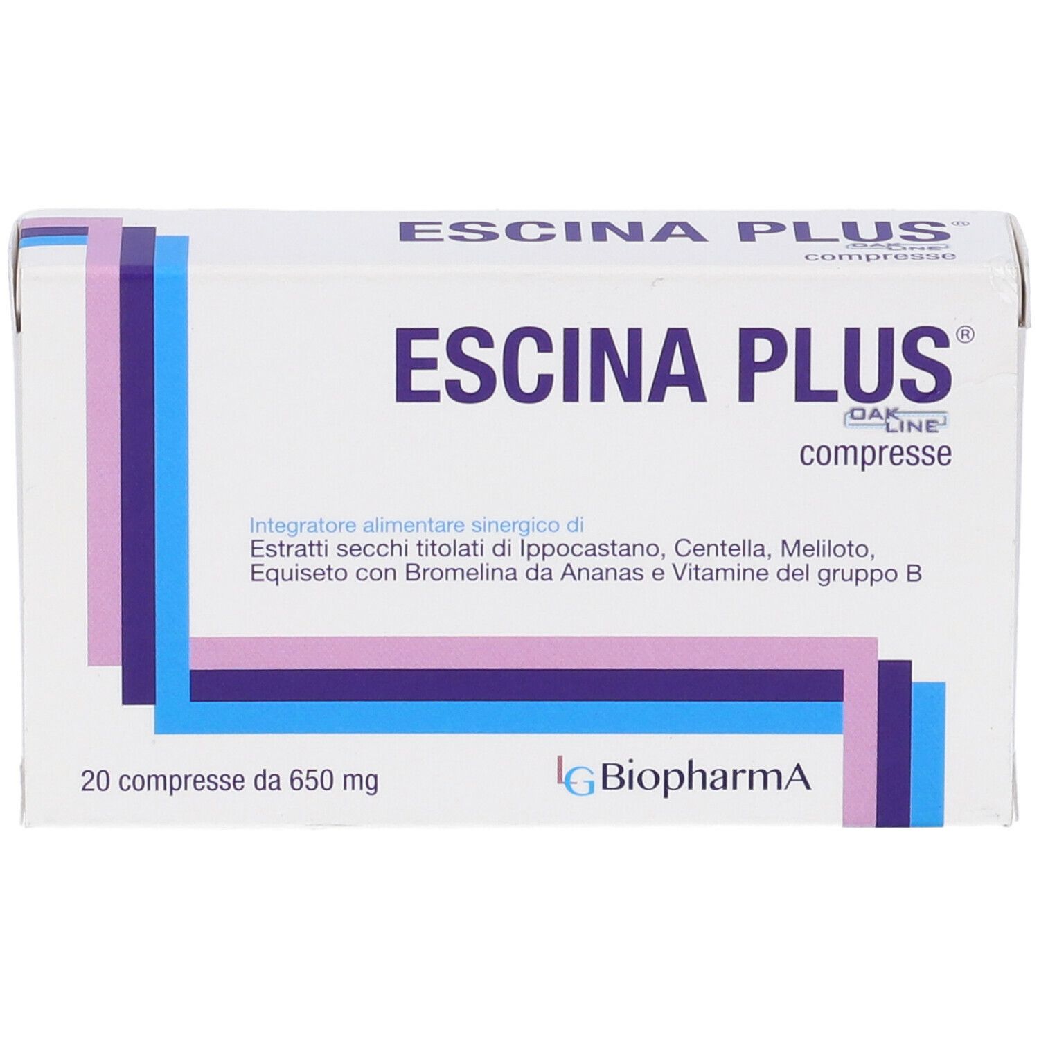 Scatola di compresse "Escina Plus". Bianca, con strisce blu, viola e rosa. Testo in italiano. 20 compresse.