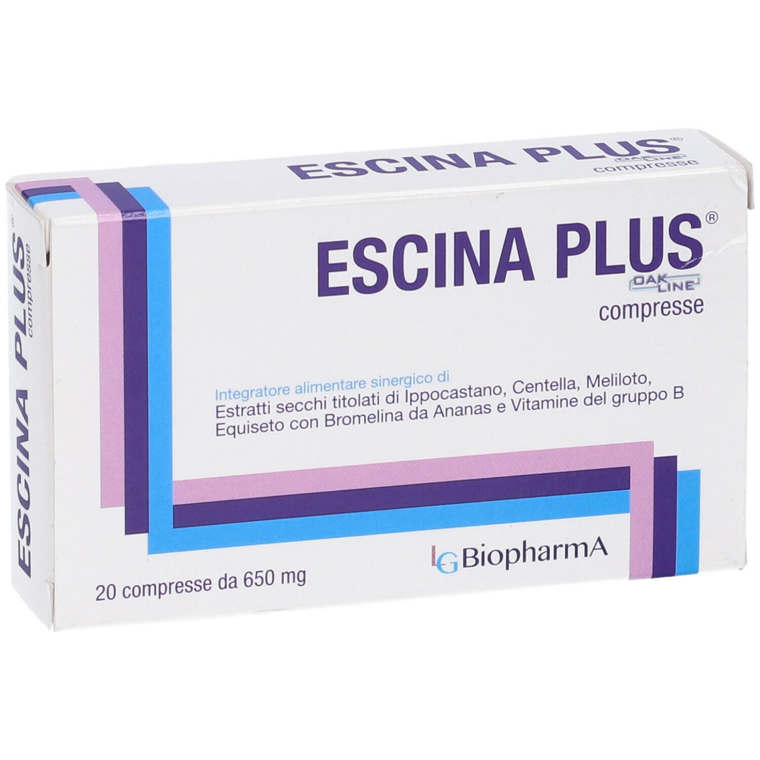 Scatola di compresse "Escina Plus". Bianca, con strisce blu, viola e rosa. Testo in italiano. 20 compresse.