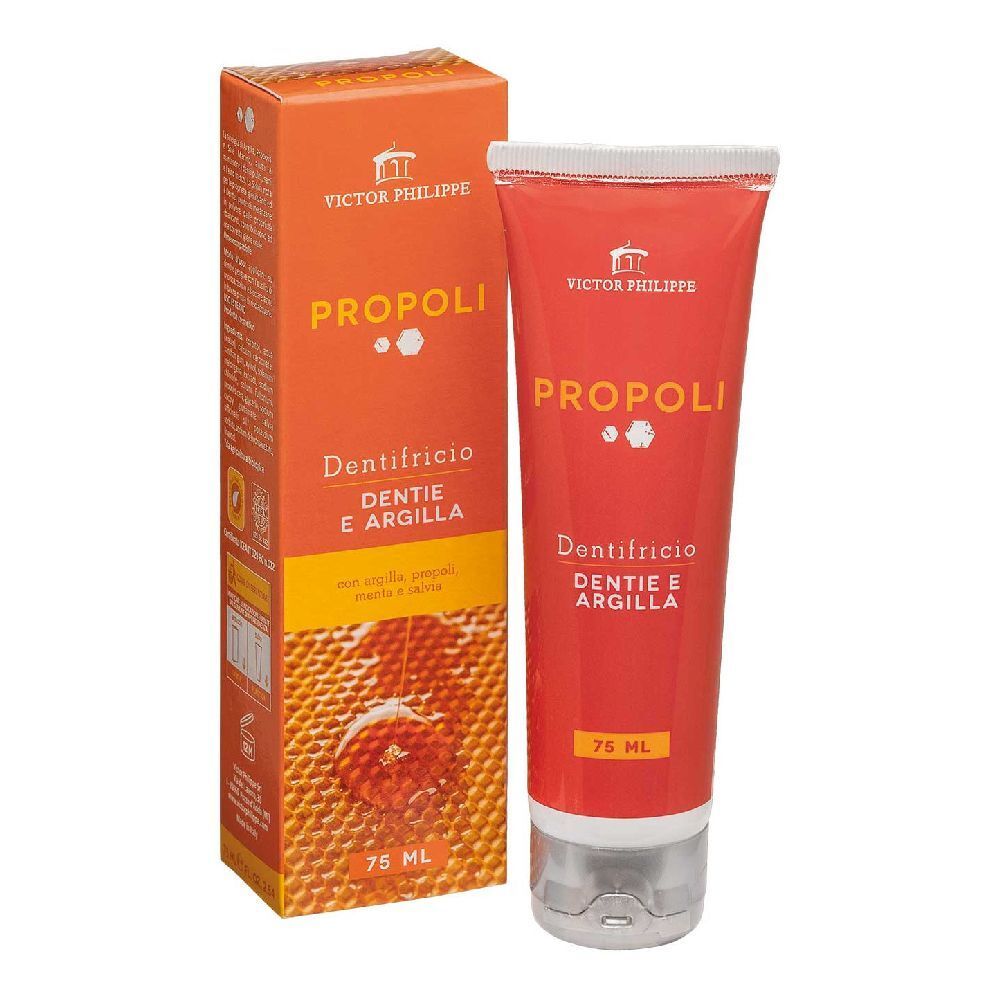 Tubo e confezione di dentifricio. Arancione con nome del prodotto e logo. 75 ml.