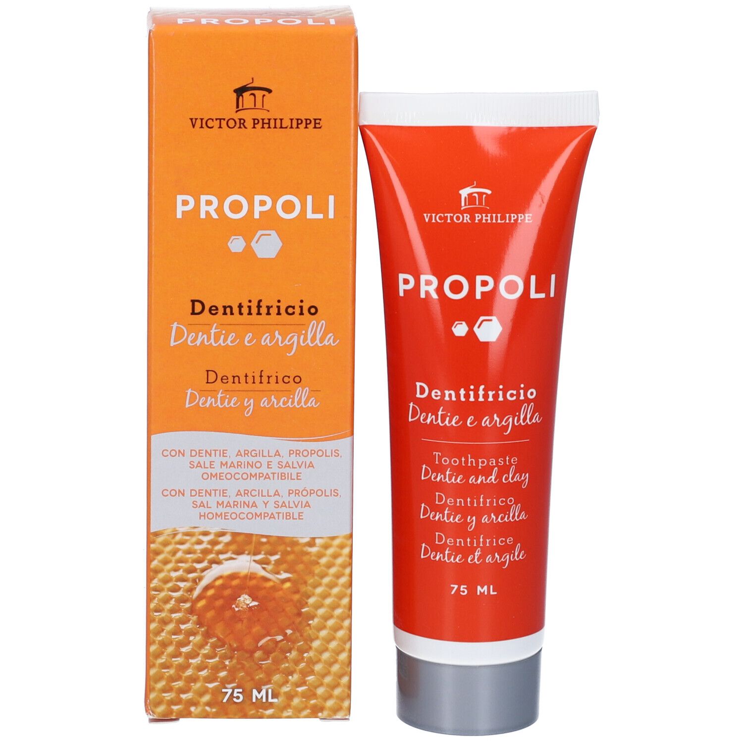 Tubo e confezione di dentifricio. Arancione con nome del prodotto e logo. 75 ml.