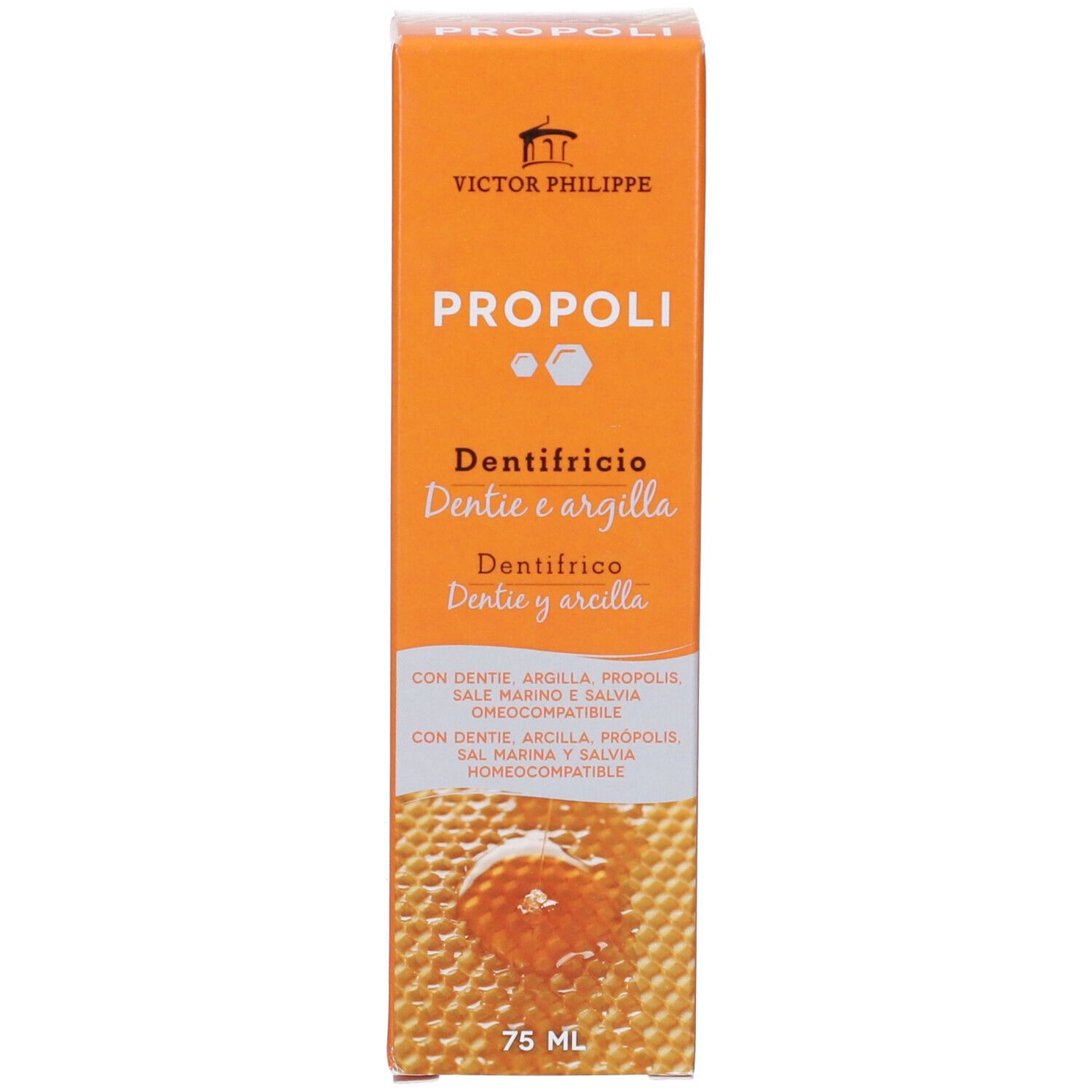 Confezione del prodotto arancione, in piedi. Nome del prodotto e logo. Designazioni multilingue. 75 ml.