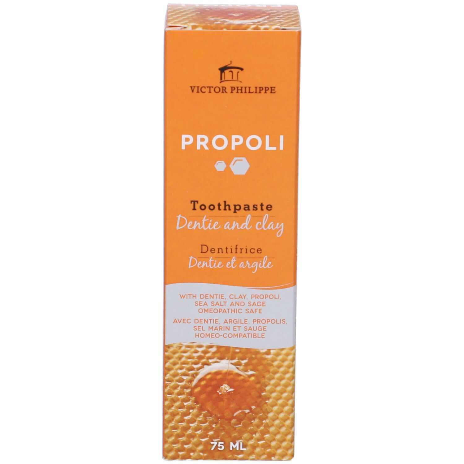 Confezione del prodotto arancione, in piedi. Nome del prodotto e logo. Designazioni multilingue. 75 ml.