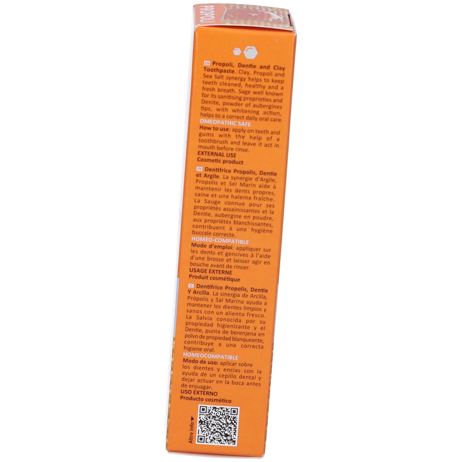 Vista laterale della confezione del prodotto. Testo multilingue. Istruzioni per l'uso e codice QR.