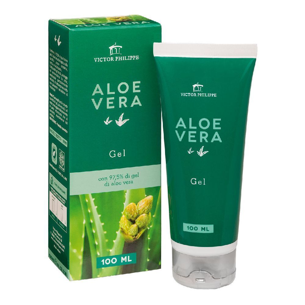 Tubo e scatola verdi. Scritta Aloe Vera Gel. Marchio Victor Philipps. 100 ml.