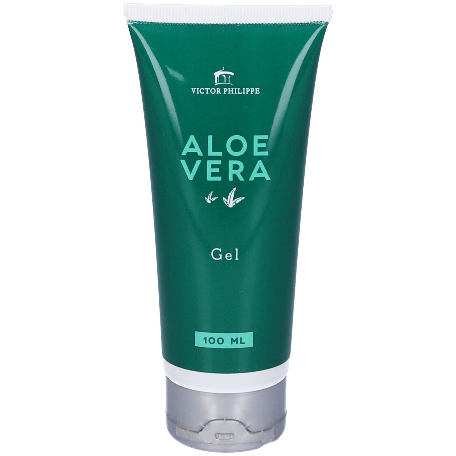 Tubo verde con tappo bianco. Scritta Aloe Vera Gel. Marchio Victor Philipps.