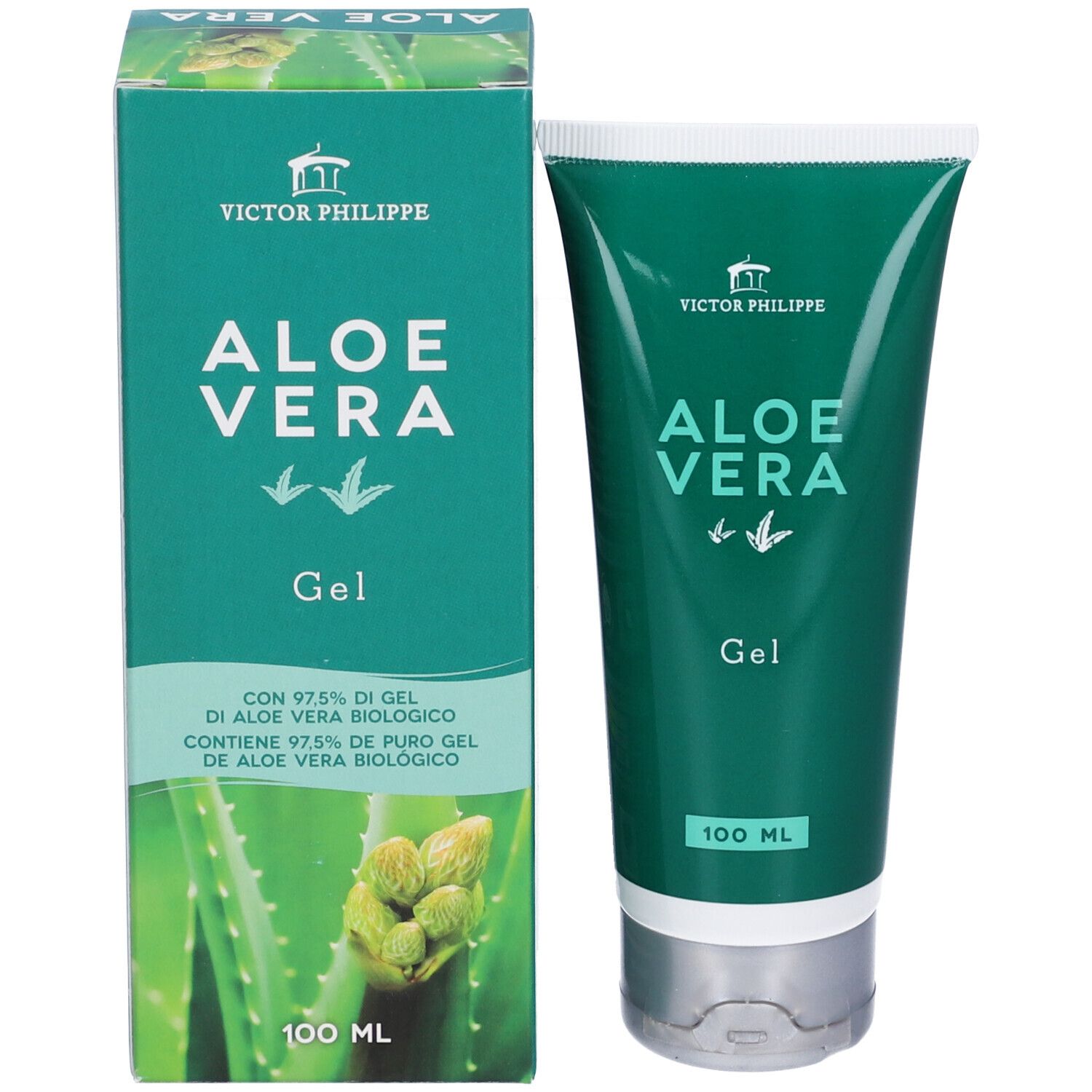 Tubo e scatola verdi. Scritta Aloe Vera Gel. Marchio Victor Philipps. 100 ml.