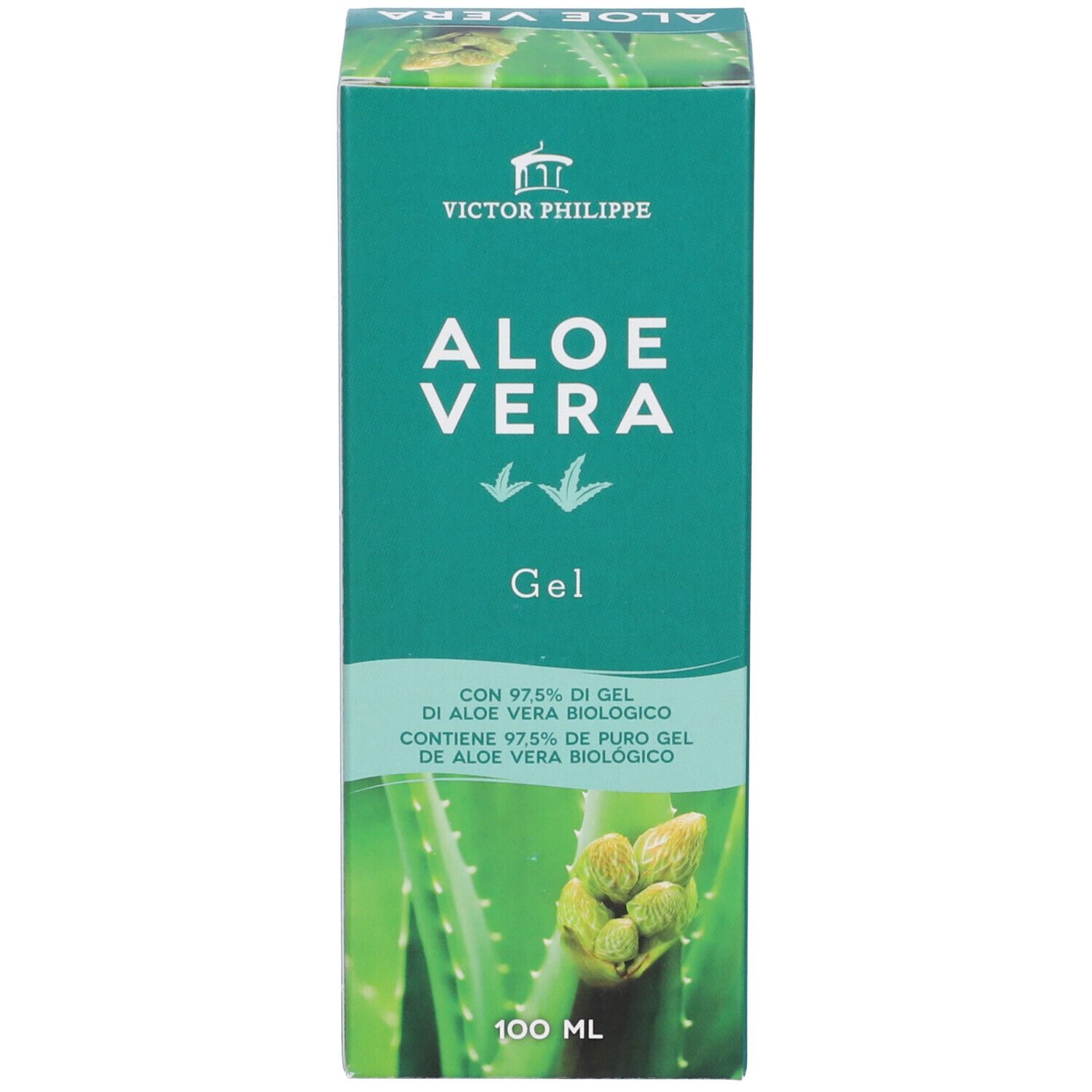 Scatola verde. Scritta Aloe Vera Gel. Marchio Victor Philipps. 100 ml.