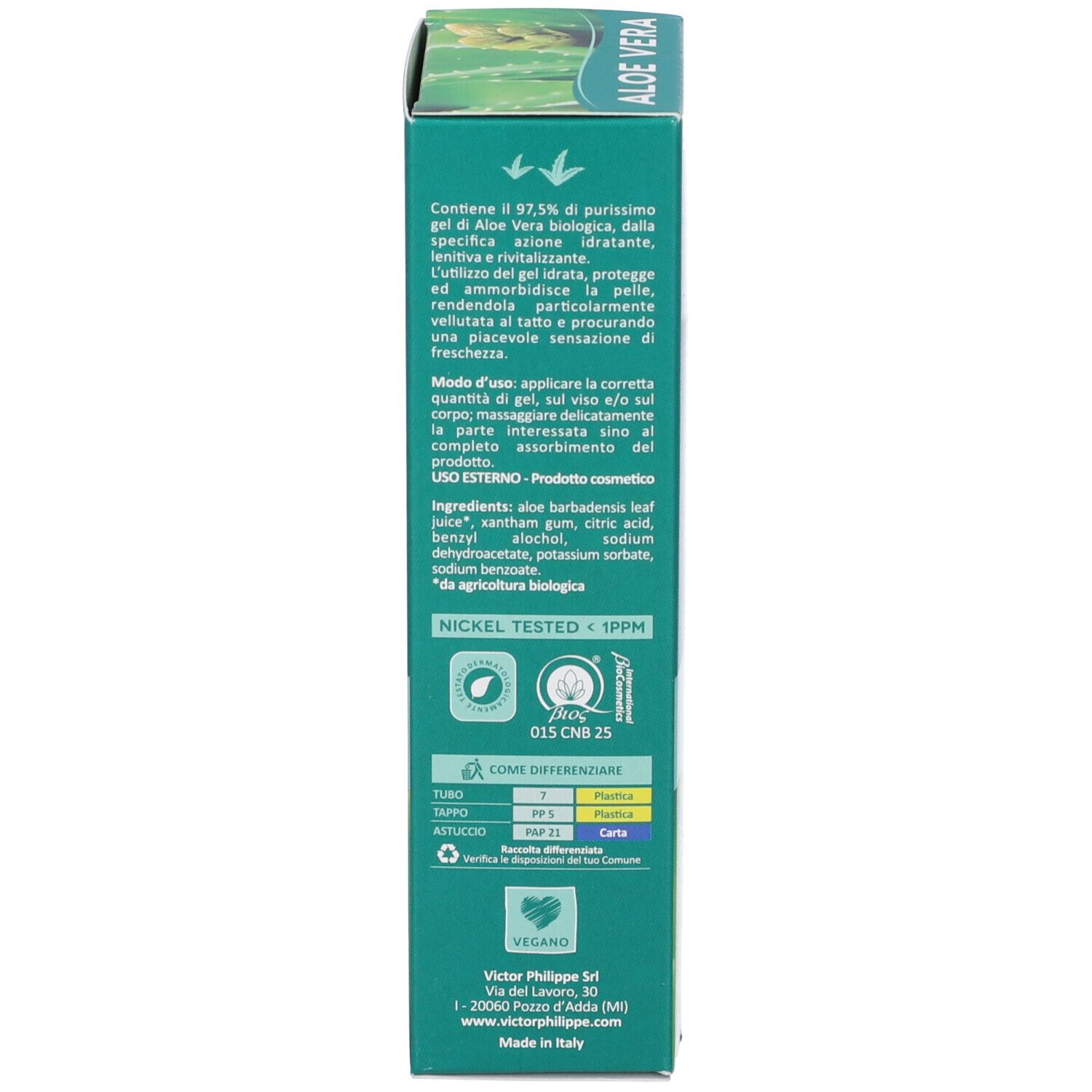 Scatola verde. Testo multilingue. Informazioni produttore. Certificazioni.