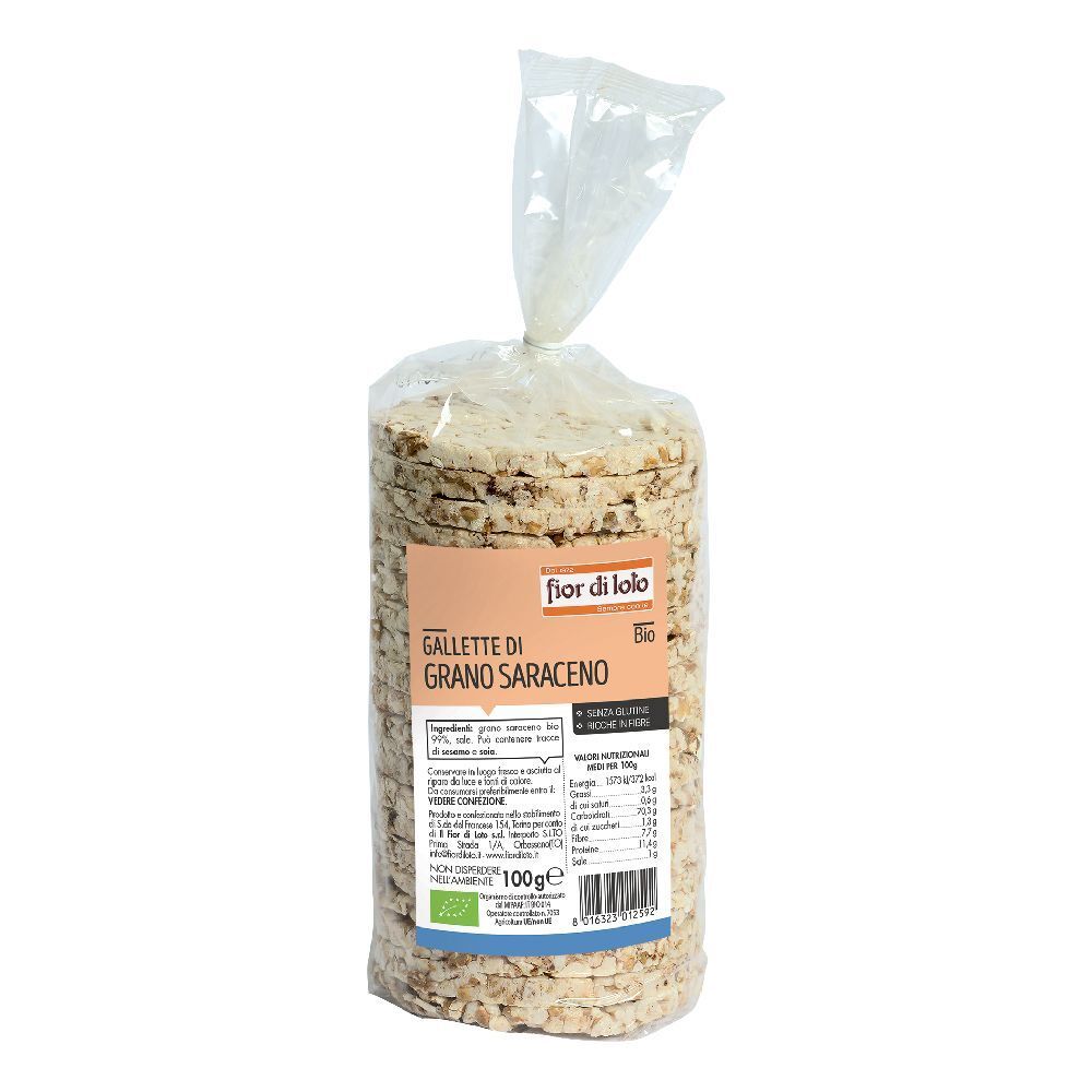 Confezione di gallette di grano saraceno. Visibile: marchio Fior di Loto, sigillo bio, informazioni prodotto e valori nutrizionali.