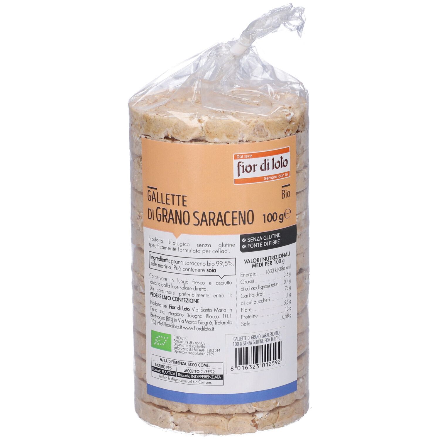 Confezione di gallette di grano saraceno. Visibile: marchio Fior di Loto, sigillo bio, informazioni prodotto e valori nutrizionali.
