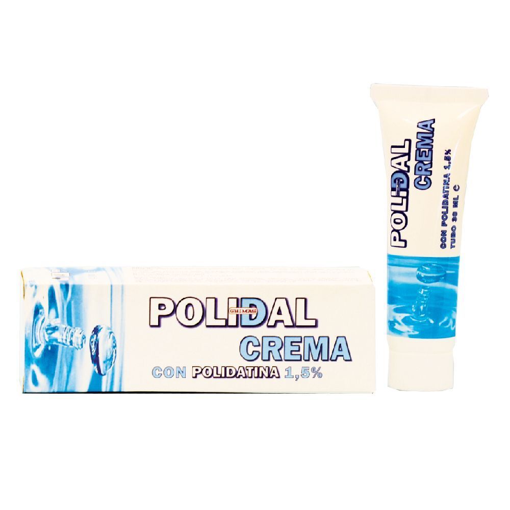 Tubo e scatola di crema. Scritta: Polidal Crema. Contiene Polidatina 1,5%. Tubo 30 ml.