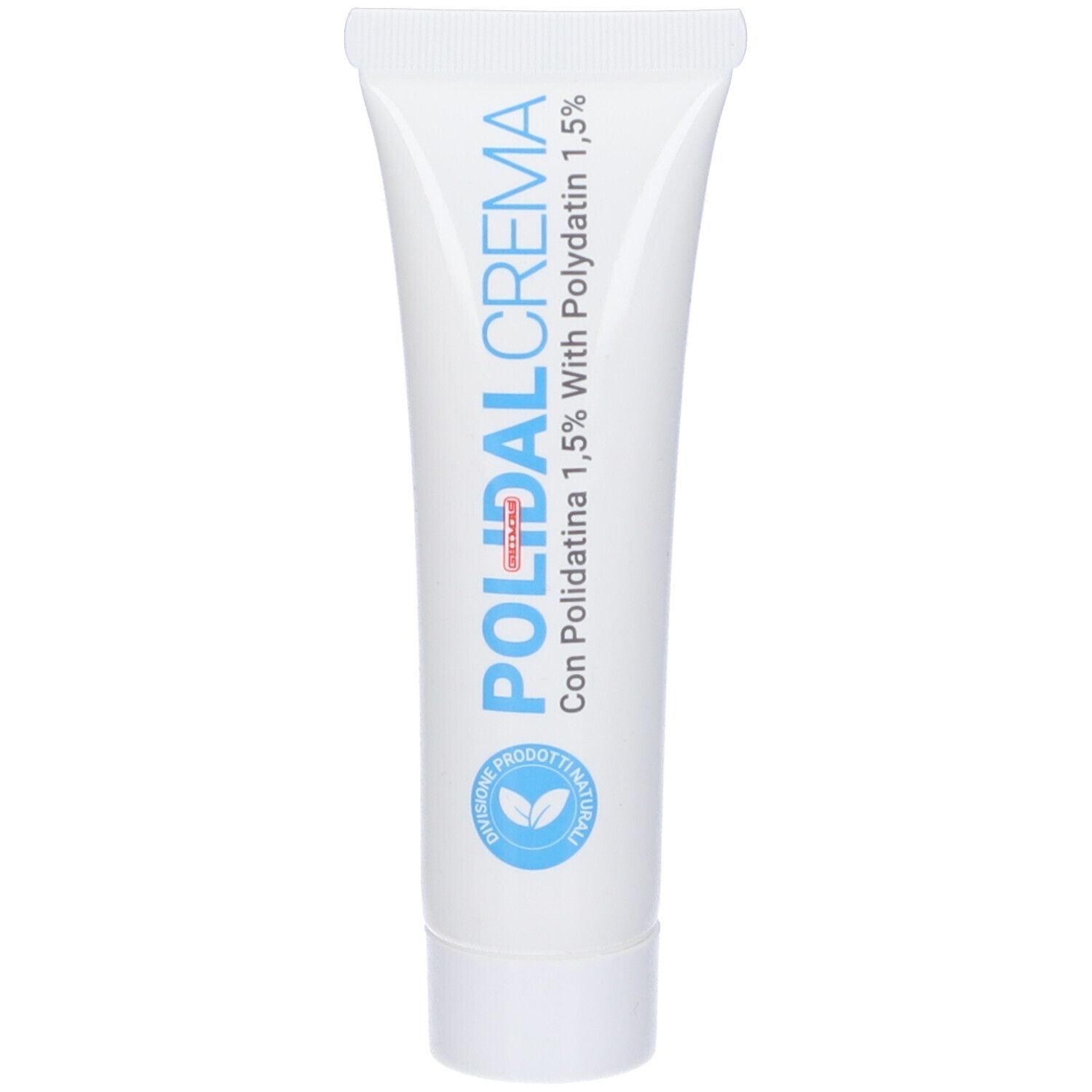 Tubo bianco con scritta Polidal Crema. Contiene Polidatina 1,5%. Con logo verde.