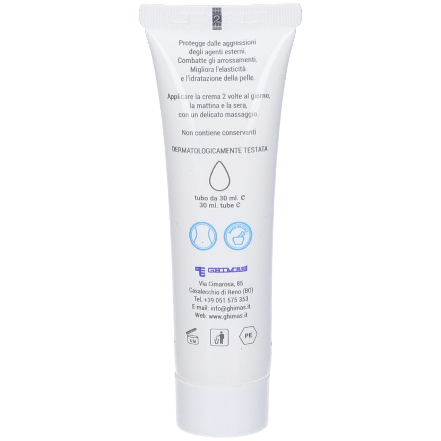 Retro del tubo. Testo: Protegge dalle aggressioni esterne. Dermatologicamente testato. 30 ml.