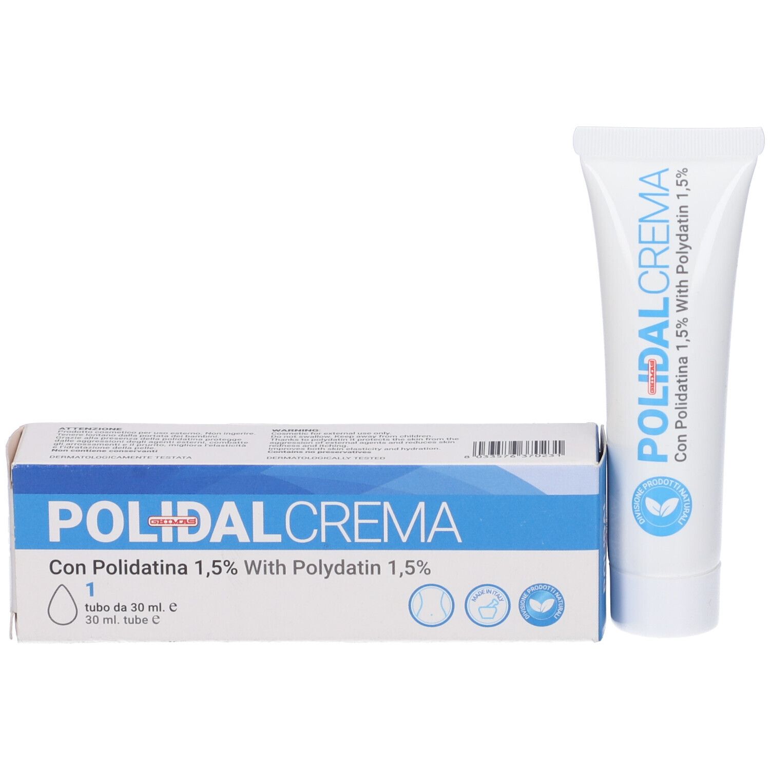 Tubo e scatola di crema. Scritta: Polidal Crema. Contiene Polidatina 1,5%. Tubo 30 ml.