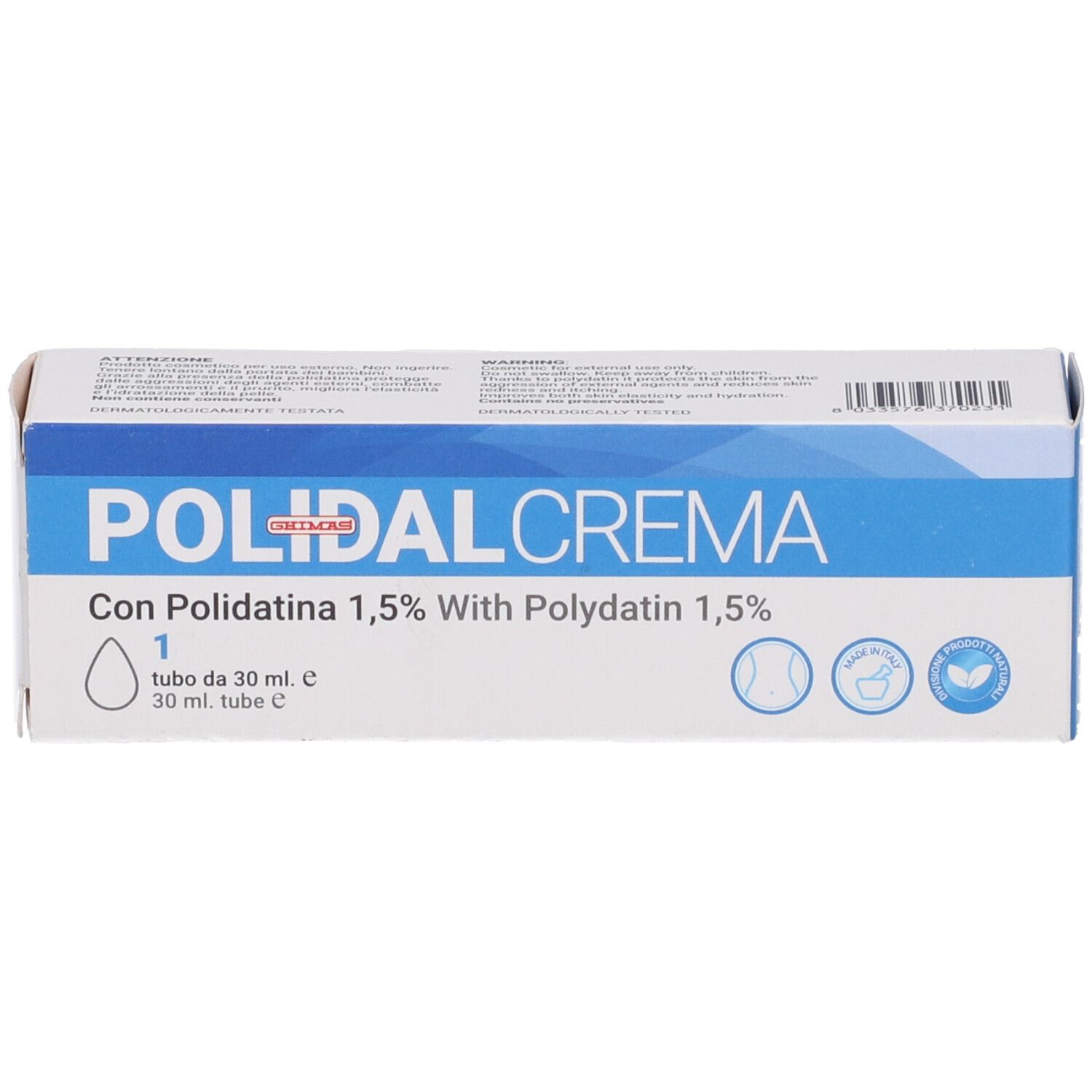 Scatola con scritta Polidal Crema. Contiene Polidatina 1,5%. Con logo e testo.