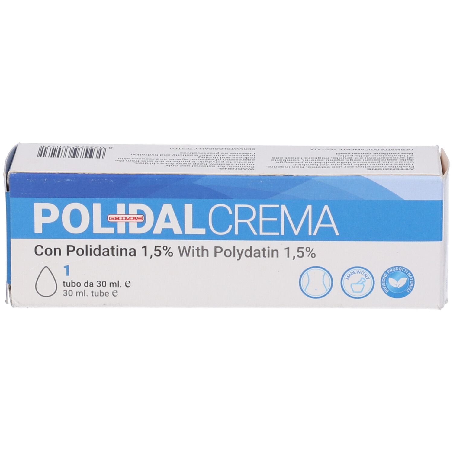 Scatola con scritta Polidal Crema. Contiene Polidatina 1,5%. Con logo e testo.