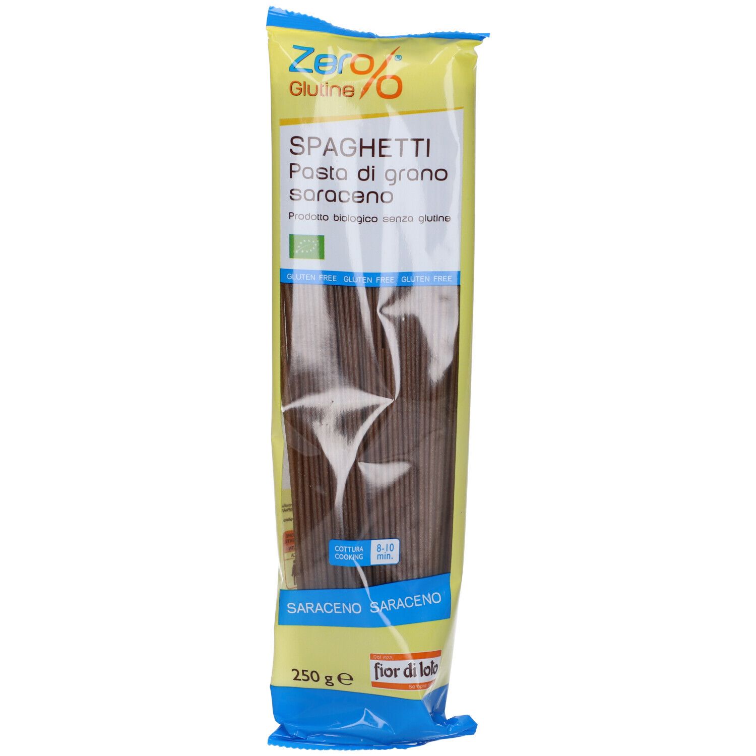 Confezione di spaghetti senza glutine. Incarto giallo-blu con nome e logo del prodotto. Certificazione bio.