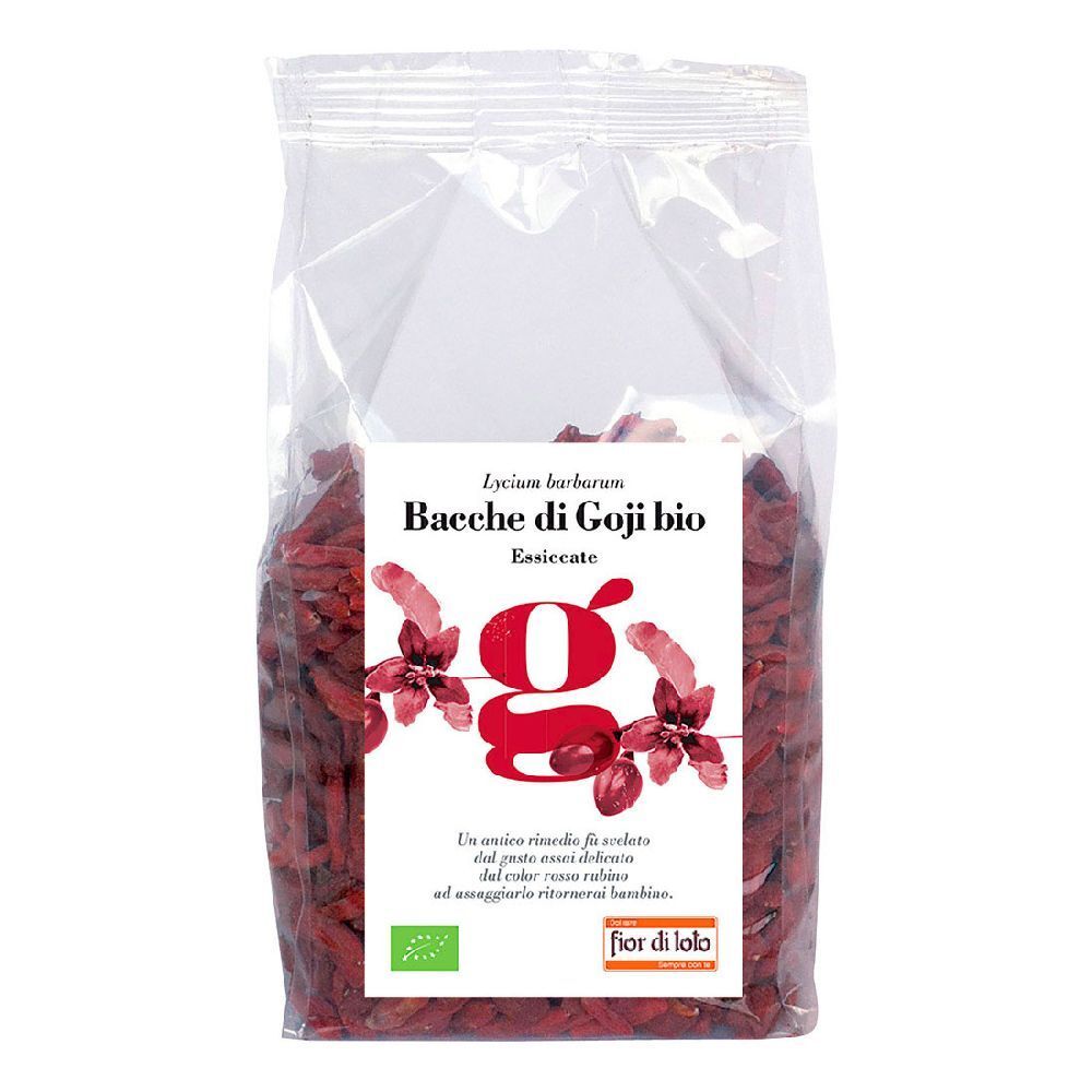 Confezione trasparente con bacche di goji essiccate. Etichetta con nome prodotto, logo e certificazione bio.
