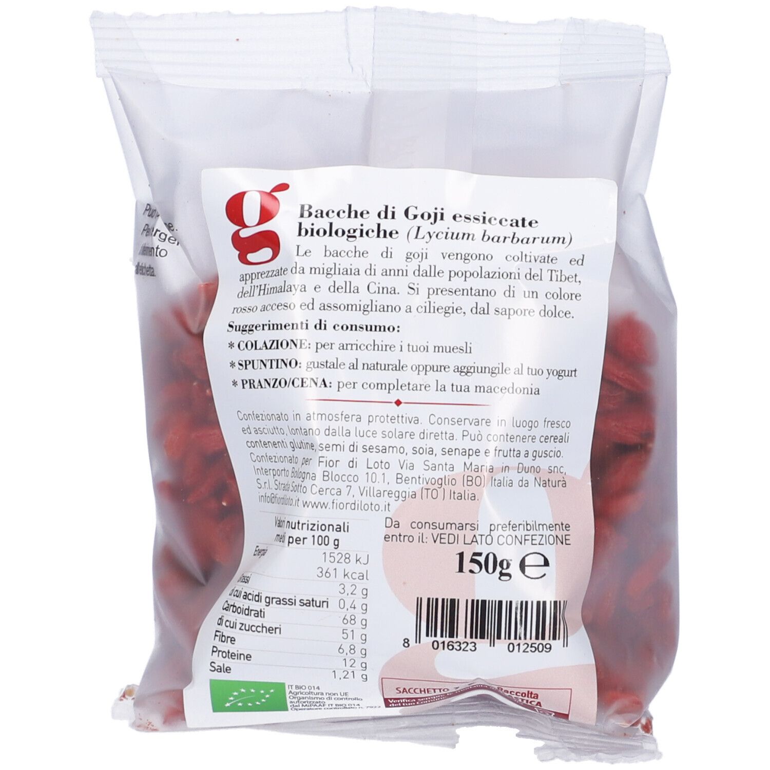 Retro della confezione con bacche di goji essiccate. Etichetta con informazioni nutrizionali e testo. Certificazione bio.