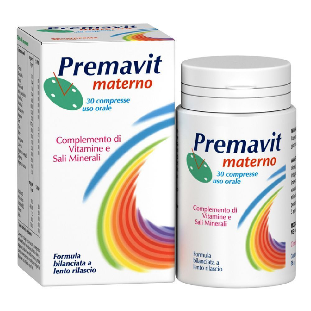 Flacone e scatola bianchi con Premavit materno. Contiene 30 compresse. Integratore con vitamine e minerali.