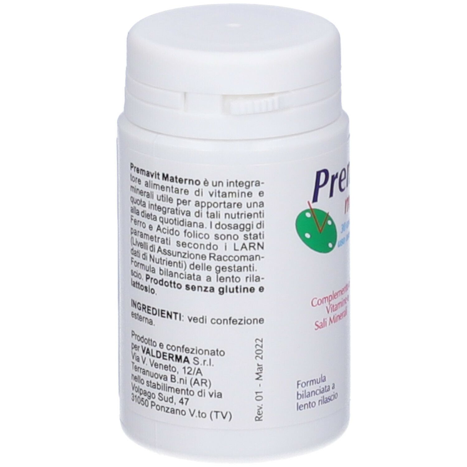 Flacone bianco con etichetta. Testo: Premavit Materno, integratore, ingredienti, indirizzo produttore, scadenza.
