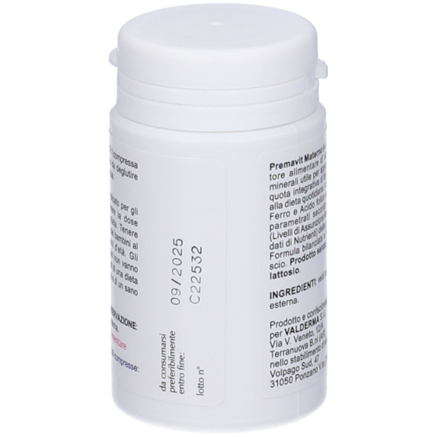 Flacone bianco con etichetta. Testo: Premavit Materno, scadenza 09/2025, lotto C22532, indirizzo produttore.